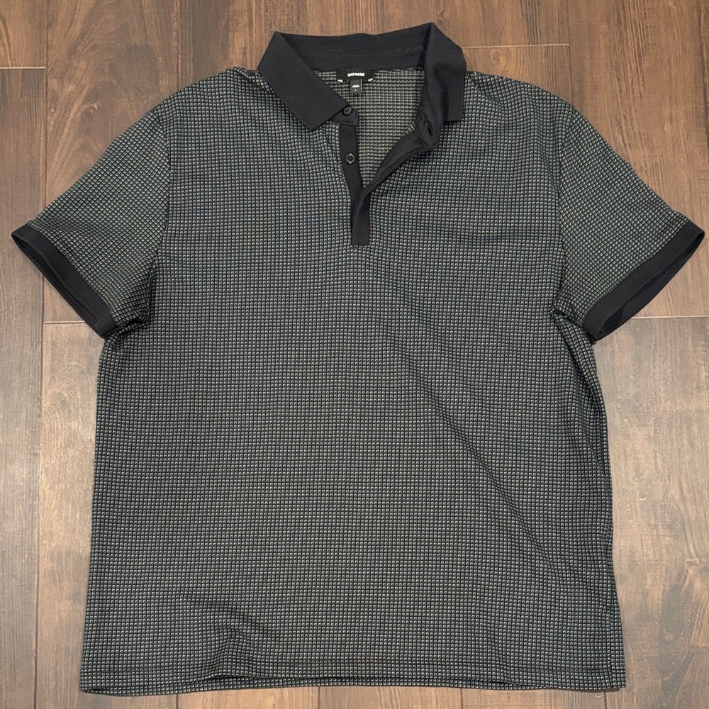 Express Navy, Green, and Gold Knit Men's Polo Shirt